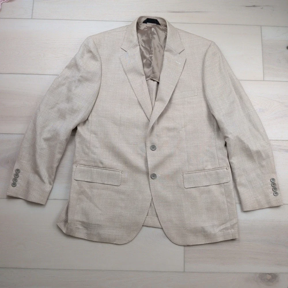 Maceoo Black Label Moderno Herringbone Blazer 44R Wool Silk Linen Wheat Jacket